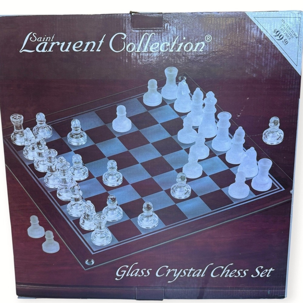 Glass Crystal Chess Set Clear Frosted 14x14 Classic Vintage Style Tabletop Gift